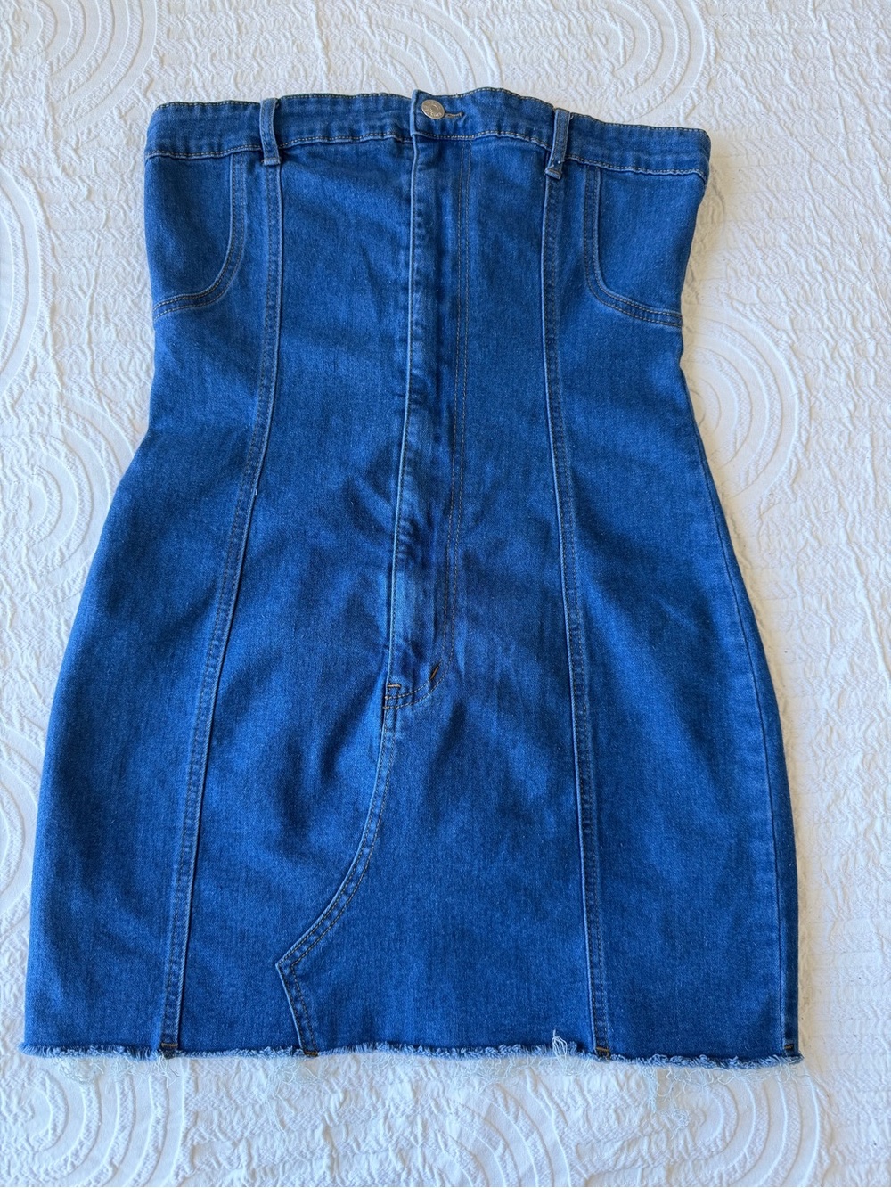 Edikted Dark Blue Denim Strapless Pencil Dress